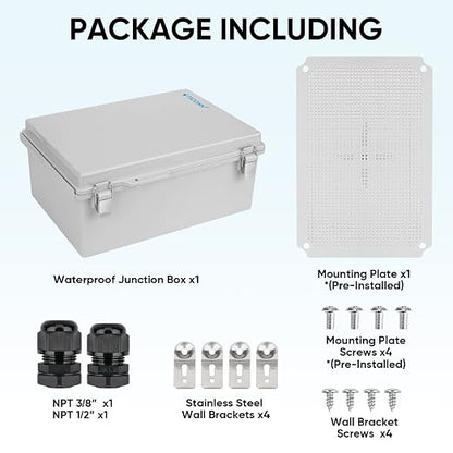 TICONN Outdoor Electrical Box Waterproof, Junction Box IP67 ABS Plastic Enclosure with Hinged Cover with Mounting Plate, Wall Brackets, Cable Glands (Off-White, 13.8"x9.8"x5.9")