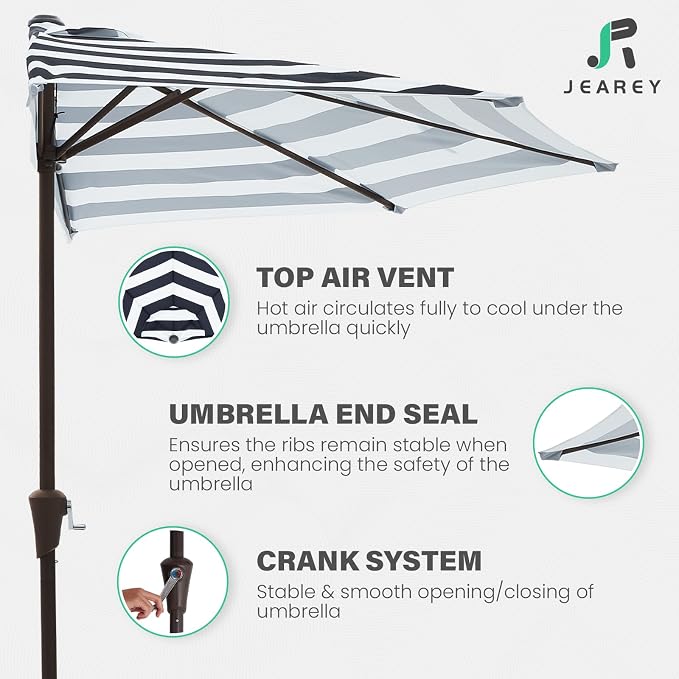JEAREY 9ft Half Umbrella Outdoor Patio Umbrella Market Umbrellas with Crank, 1/2 Round Wall Umbrella 5 Sturdy Ribs UV Protection for Pool Garden Balcony Deck, Black & White Strip