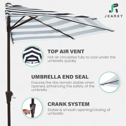 JEAREY 9ft Half Umbrella Outdoor Patio Umbrella Market Umbrellas with Crank, 1/2 Round Wall Umbrella 5 Sturdy Ribs UV Protection for Pool Garden Balcony Deck, Black & White Strip