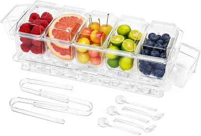 Chilled Condiment Server, Taco Bar Serving Set, Mimosa Bar Supplies, with 5 Lidded Containers and Detachable Ice Storage Layer, 2 Hanging Cups for Storing Tong or Forks