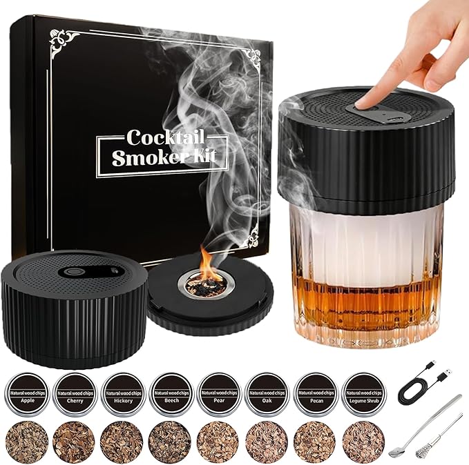 Electric Whiskey Smoker Kit, Bourbon Whiskey Smoker, 8 Flavors Wood Chips, Cocktail Smoker Enhancer with USB Rechargeable & Built-in Lighter, Fashion Drink Smoker Kit Gift for Men Husband Dad