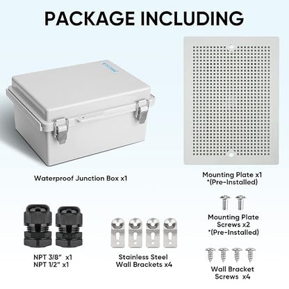 TICONN 2PK Outdoor Electrical Box Waterproof, Junction Box IP67 ABS Plastic Enclosure with Hinged Cover with Mounting Plate, Wall Brackets, Cable Glands (Off-White, 8.7"X6.7"X4.3")