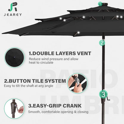 JEAREY 9 ft 3-Tier Outdoor LED Lighted Patio Umbrella w/Crank, Black | Solar Market Table Umbrella with 8 Sturdy Ribs, UV Protection Waterproof Sunproof for Garden, Deck and Backyard