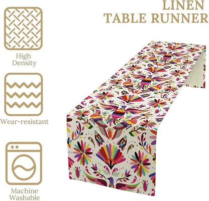 Mexican Table Runner, Mexico Green Flower Boho Floral, American Art Natural Inspirations Flowers and Birds Farmhouse Decor Burlap Table Runners Kitchen Decor and Accessories 13x108 Inch