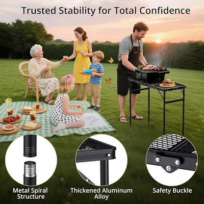 Anbte 3ft Tri-fold Grill Table, 3 Adjustable Heights Max 29.5", Black | Sturdy Metal Grill Table with Storage Bag, Heat-Resistant Tabletop, Portable Handle for Cooking BBQ Outdoor Travel, 35" x 16"