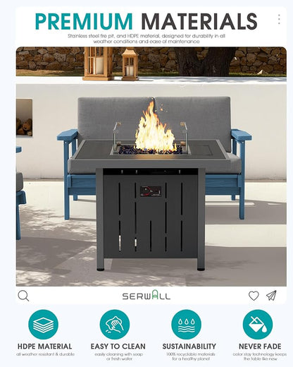 SERWALL Patio Furniture Set with 33” Fire Pit Table, HDPE Outdoor Sectional Sofa Set with Thickened Cushions, Grey Frame with Grey Cushions