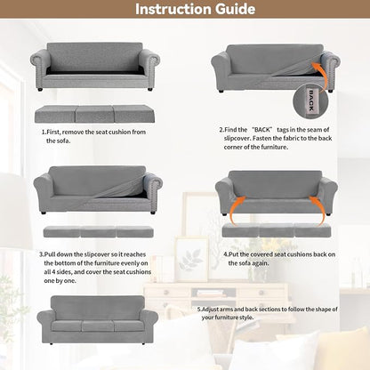 WEERRW 4-Piece Couch Cover for Sofa Velvet Sofa Cover Washable, Silver Grey | Sofa Covers for 3 Cushion Couch Furniture Protector Sofa Slipcovers with Non Slip Elastic Bottom, Pet Friendly, Large