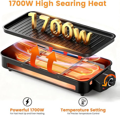 Electric Indoor Grill 1700W - YOHAWJAN 2 in 1 Smokeless Indoor Grill Pan for Kitchen with Grilling Net & Non-Stick Removable Griddle Plate, Temperature Control Korean BBQ Grill with 3 Cheese Pan