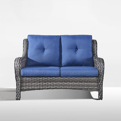 Outdoor Loveseat Sofa-2 Seater Rattan Wicker Patio Couch High Back Patio Sofa for Porch Deck Backyard-Grey/Blue