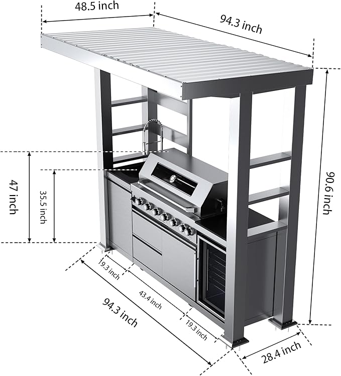94 Inch Outdoor Kitchen Island, 85000 BTU 6 Burner Propane Gas Grill Combination With Rain Shelter Refrigerator and Sink, Outdoor Stainless Steel Barbecue Bar Grill for Patios, Gardens, Parties