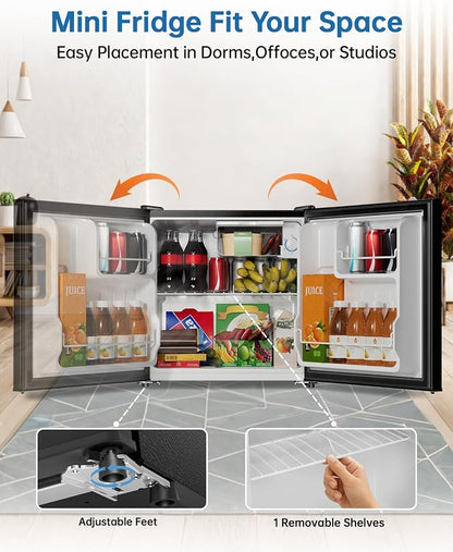 1.6 Cu Ft Mini Fridge with Freezer - 30dB Ultra Quiet Upright Freezer for Bedroom, Dorm & Office | Compact Fridge, Adjustable Thermostat, Reversible Door, ETL Certified