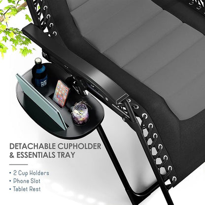 Nestl Padded Oversized Zero Gravity Chair, XL Outdoor Lounge Chair Set of 2 | Adjustable Headrest, Cup Holder & Side Tray, Support 330 LBS, Anti Gravity Reclining, For Patio, Camping & Beach, Black/Grey
