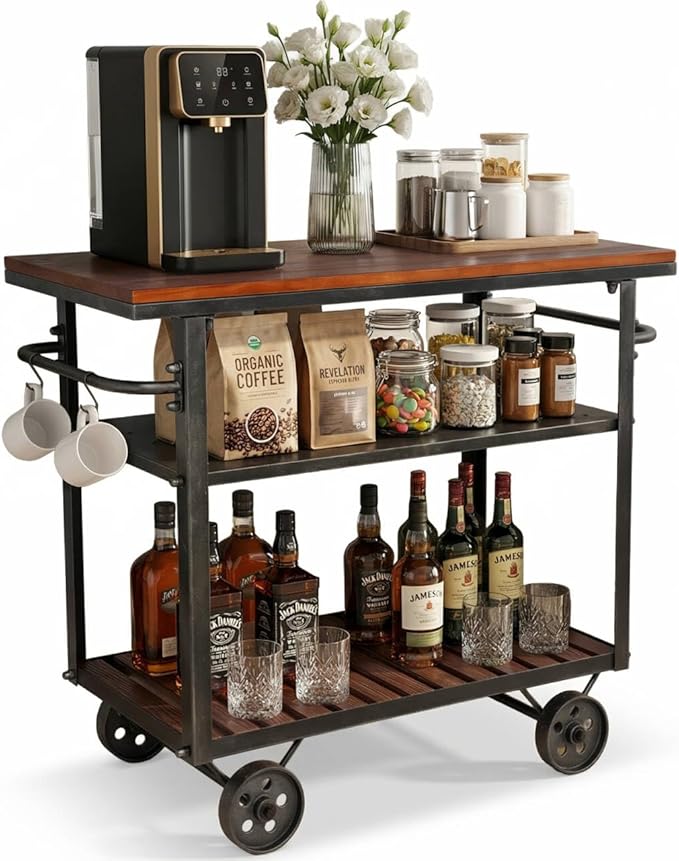 Vintage Rolling Bar Cart on Wheels Industrial Mobile Serving Cart Metal and Wood Design for Kitchen Bar Office Coffee House 36.2" Lx15.75 Wx30.5 H 3 Tier with 2 Side Handle