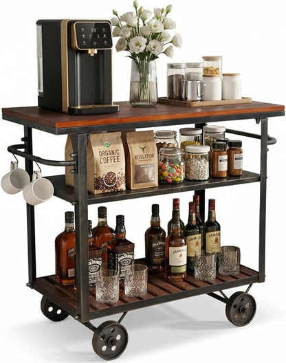 Vintage Rolling Bar Cart on Wheels Industrial Mobile Serving Cart Metal and Wood Design for Kitchen Bar Office Coffee House 36.2" Lx15.75 Wx30.5 H 3 Tier with 2 Side Handle