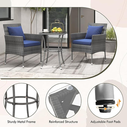 Tangkula 3-Piece Patio Furniture Set, PE Wicker Conversation Bistro Set w/A Tempered Glass Table & 2 Cushioned Chairs, Outdoor Table & Chairs Set for Patio Porch Yard Garden (Mix Gray+Navy)