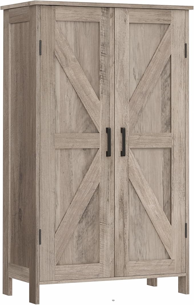 Homleke Farmhouse Bathroom Cabinet with Adjustable Shelves, Free-Standing Storage Cabinet with Barn Doors, for Kitchen, Living Room, Dining Room, Entryway, Greige