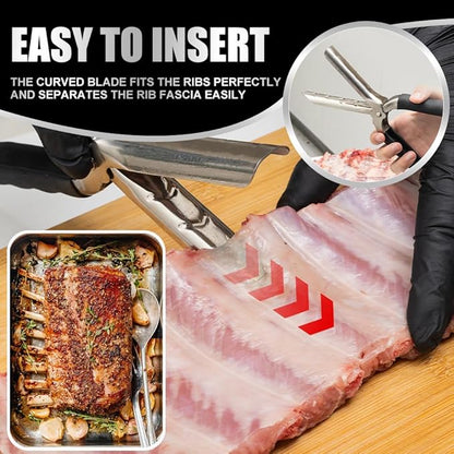 Rib Membrane Removal Tool Set - 2.5mm 304 Stainless Steel Rib Prep Tool with Ergonomic Grip, BBQ Rib Membrane Remover, Chicken Tendon Tool + Tweezers & Gloves for Meat Prep