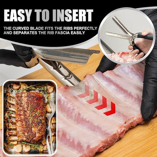 Rib Membrane Removal Tool Set - 2.5mm 304 Stainless Steel Rib Prep Tool with Ergonomic Grip, BBQ Rib Membrane Remover, Chicken Tendon Tool + Tweezers & Gloves for Meat Prep