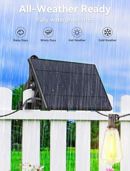Brightever 60FT Solar String Lights Outdoor Waterproof, Patio Lights Solar Powered with Remote, 25+1 Shatterproof ST38 LED Bulbs 3 Lighting Modes, Dimmable Solar Lights for House, Market, Bistro