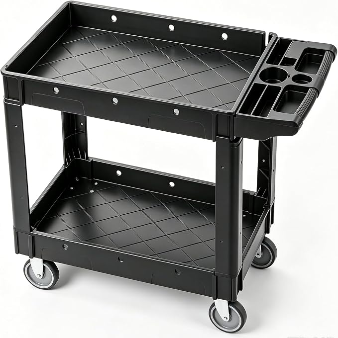 VEVOR Utility Service Cart, 2 Shelf 550LBS Heavy Duty Plastic Rolling Utility Cart, Medium Lipped Shelf, 360° Swivel Wheels, Ergonomic Storage Handle for Warehouse Garage, Black | Heavy Duty Rolling Cart with 360° Swivel Wheels, Medium Lipped Shelf, Er...