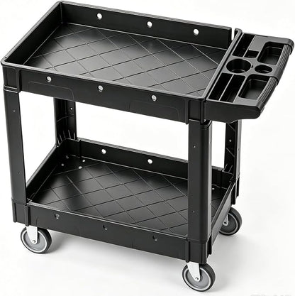 VEVOR Utility Service Cart, 2 Shelf 550LBS Heavy Duty Plastic Rolling Utility Cart, Medium Lipped Shelf, 360° Swivel Wheels, Ergonomic Storage Handle for Warehouse Garage, Black | Heavy Duty Rolling Cart with 360° Swivel Wheels, Medium Lipped Shelf, Er...
