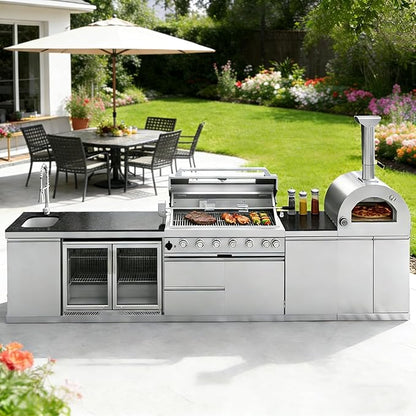 147" Modular Outdoor Kitchen,120,000 BTU Stainless Steel Propane Grill with Built-In Pizza Oven,Rotisserie,Double Door Refrigerator,Granite Countertop,Storage Drawers & Cabinets.