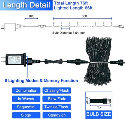 JMEXSUSS 66ft 200 LED Blue Christmas Lights Outdoor Plug in | Expandable String Lights Green Wire, 8 Modes Twinkle Tree Lights for Party Indoor Ceiling Beroom Patio Fence Yard Xmas Decor