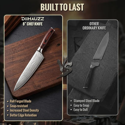DiiHAUZZ 8 Inch Chef Knife, High Carbon Stainless Steel - Ultra Sharp Kitchen Gyutou Knife for Slicing Meat, Dicing Vegetables and Daily Meal Prep, Ergonomic Handle with Sheath, Fathers Day Gift