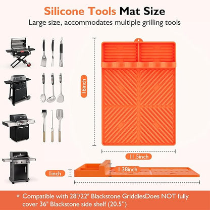 Silicone Grill Mat for Blackstone Barbeque Grill Accessories，16”×11.5” Silicone Griddle Tools with Drip Pad，Side Shelf Griddle Spatula Utensil Mats for Outdoor Barbeque & Kitchen Countertop (Orange)