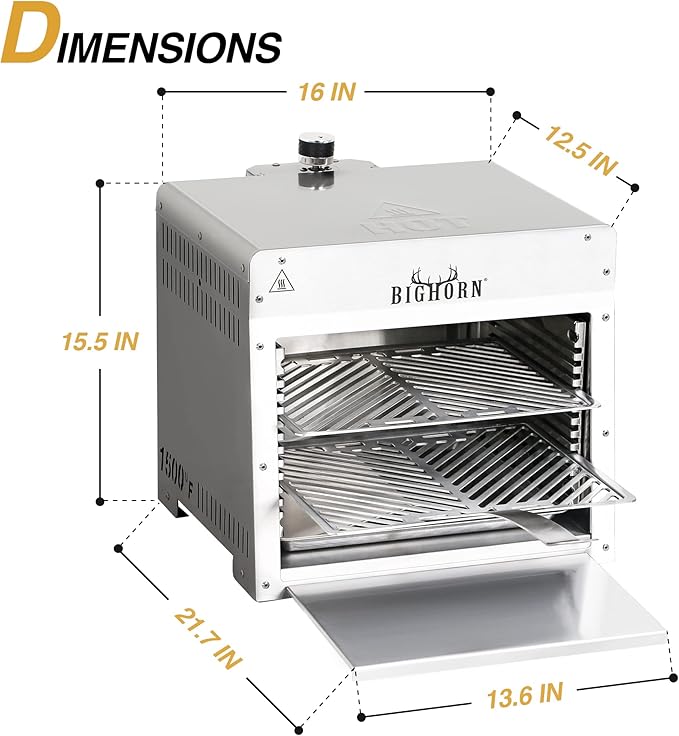 BIG HORN OUTDOORS 1500°F Small Infrared Propane Gas Grill – Portable Steak Broiler & Sear Station, Outdoor Salamander BBQ with Pizza Stone, Stainless Steel