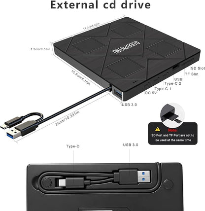 External CD Drive: an 8-in-1 DVD Player for Laptop Featuring USB*2 /C*2,TF/SD Card Reader.CD/DVD +/-RW Burner,Compatible with Windows 11/10/ 8/7/XP,Linux,Mac os. Comes with 1+4 Storage Bag