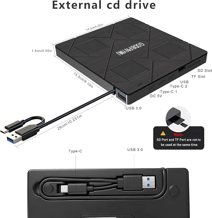 External CD/DVD Drive for Laptop, 8-in-1 USB3.0 DVD Player | Compatible Windows 11/10/8/7 Linux macOS, 2 USB-A & 2 USB-C Ports, TF/SD Card Reader, Includes 4 Disc Sleeves+Carrying Pouch