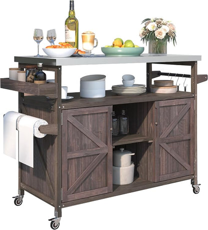 50.25" Outdoor Grill Table with Stainless Steel Top & Storage, Rolling BBQ Prep Cart with Locking Wheels, Patio Kitchen Island with Cabinet for Backyard