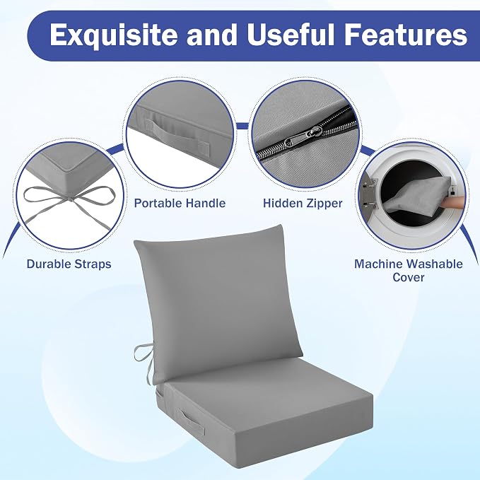 IASEAHK Outdoor Seat Cushion Set, Waterproof & Fade Resistant Patio Chair Cushions, Outdoors Cushion for Patio Furniture, 24 x 24 x 5.75 Inch, Outdoor Couch Cushions with Handle and Ties, Grey