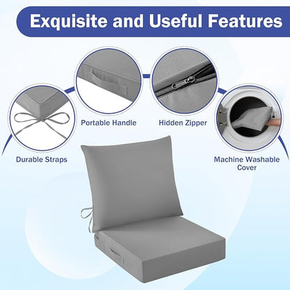 IASEAHK Outdoor Seat Cushion Set, Waterproof & Fade Resistant Patio Chair Cushions, Outdoors Cushion for Patio Furniture, 24 x 24 x 4 Inch, Outdoor Couch Cushions with Handle and Ties, Grey
