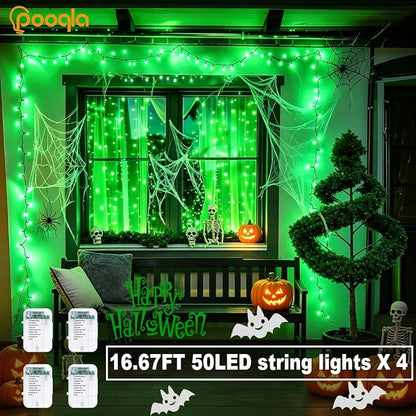 Pooqla 4 Pack String Lights Battery Operated, Total 66.6ft 200 LED Fairy Lights Indoor Outdoor Decorations, 8 Modes Green Battery Christmas Lights for ST Patrick's Day Halloween Porch Party Yard Decor