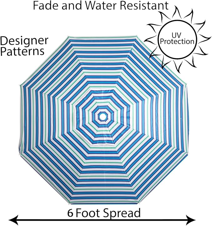 LOTTAFUN 6ft Beach Umbrella - Heavy Duty Wind Resistant UV 50+ Portable Sun Shade with Sand Anchor & Carry Bag, Outdoor Folding Umbrella for Beach, Pool, Patio, Garden (Blue diagonal strip) No Tilt The sand needs to exceed the spiral 6inch