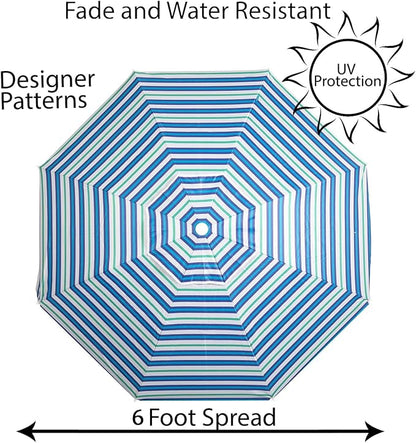 LOTTAFUN 6ft Beach Umbrella - Heavy Duty Wind Resistant UV 50+ Portable Sun Shade with Sand Anchor & Carry Bag, Outdoor Folding Umbrella for Beach, Pool, Patio, Garden (Blue diagonal strip) No Tilt The sand needs to exceed the spiral 6inch