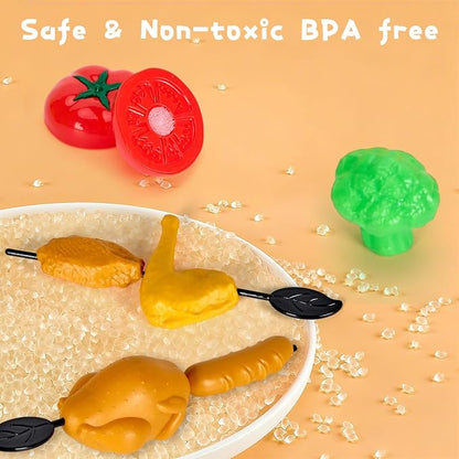 60Pcs Kids Mini Play Kitchen Accessories, Pretend Cooking Play Set with Cookware, Tableware & Fruit & BBQ Sets, Learning Gift for Boys, Girls, Toddlers,Yellow