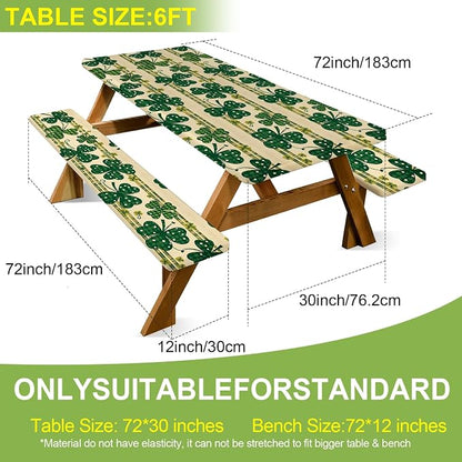 ANNA QUEEN St. Patrick’s Day Clover 6FT Picnic Table Cover with Bench Covers Set of 3 with Drawstring Bag, Green Clover 72"x30" Waterproof Picnic Tablecloth & Bench Covers for Outdoor Dining