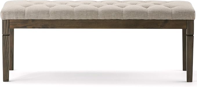 SIMPLIHOME Waverly 48" Wide Linen Look Rectangle Ottoman in Natural | Natural linen look, traditional tufted ottoman bench with carved legs; perfect footstool or footrest for bedroom or entryway.