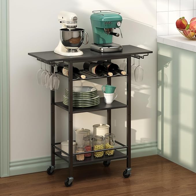 LAATOOREE Bar Cart 4 Tier, Home Serving Cart, Black Mobile Drink Beverage Cart, Rolling Kitchen Shelf with Wine and Glass Holders, for Living Room