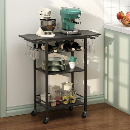 LAATOOREE Bar Cart 4 Tier, Home Serving Cart, Black Mobile Drink Beverage Cart, Rolling Kitchen Shelf with Wine and Glass Holders, for Living Room