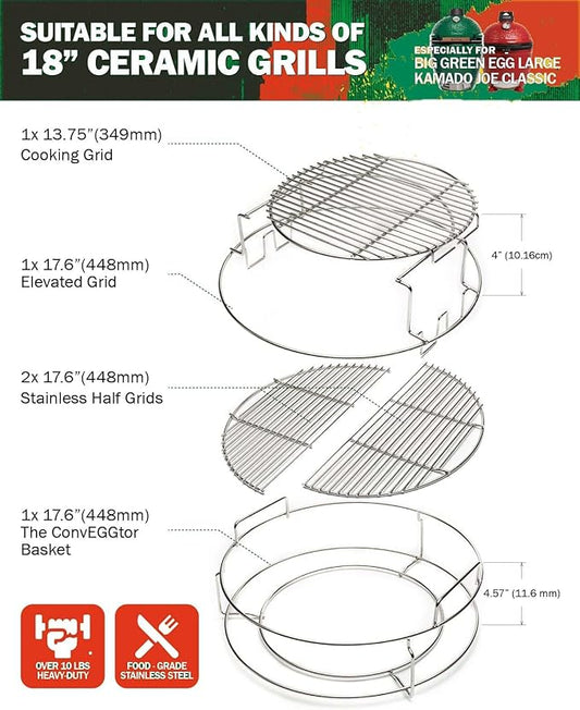 for Big Green Egg-XL 5-Piece Upgraded Replacement Kit for Large Eggspander, Including Multi-Function Grill Rack,Conveggtor Basket, Made of Stainless Steel, Expanded Cooking System