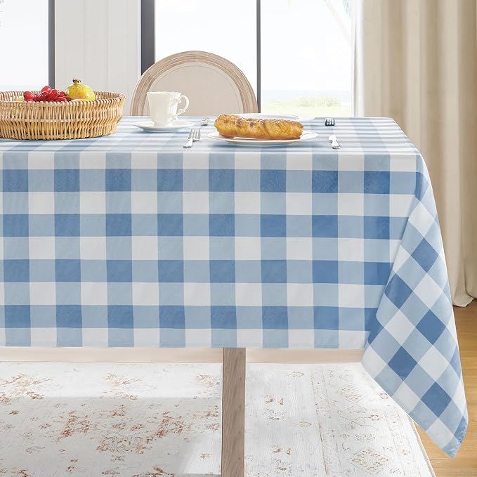 Softalker Gingham Checkered Tablecloth Rectangle - Outdoor Waterproof Buffalo Plaid Table Cloth, Stain Resistant Washable Table Cover for Picnic, Camping, Dining - Light Blue and White, 60 x 120 Inch