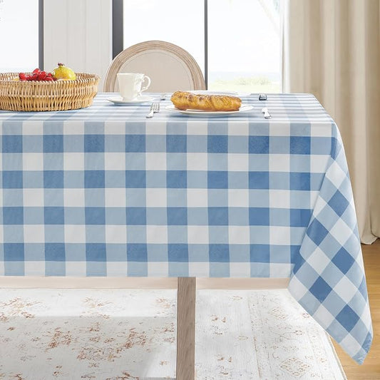 Softalker Gingham Checkered Tablecloth Rectangle - Outdoor Waterproof Buffalo Plaid Table Cloth, Stain Resistant Washable Table Cover for Picnic, Camping, Dining - Light Blue and White, 60 x 120 Inch
