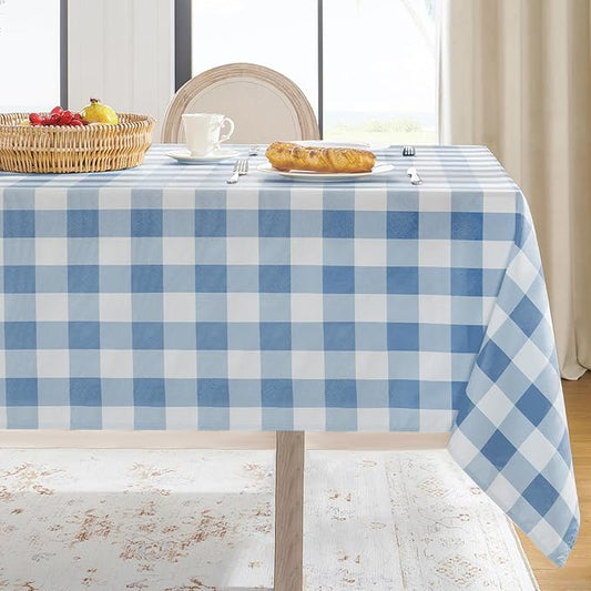 Softalker Gingham Checkered Tablecloth Rectangle - Outdoor Waterproof Buffalo Plaid Table Cloth, Stain Resistant Washable Table Cover for Picnic, Camping, Dining - Light Blue and White, 60 x 84 Inch