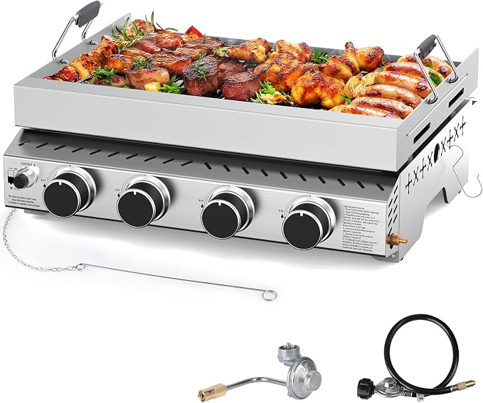 Electactic 4 Burners Tabletop Propane Gas Griddle,24 inch Detachable Griddle with handle,32000BTU Portable Stainless Steel Gas Grill for Camping,Outdoor & Tailgating Barbecue