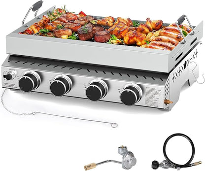Electactic 4 Burners Tabletop Propane Gas Griddle,24 inch Detachable Griddle with handle,32000BTU Portable Stainless Steel Gas Grill for Camping,Outdoor & Tailgating Barbecue