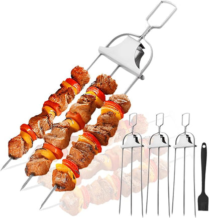 SHIKORI 3 Way Kabob Skewer, 14'' Stainless Steel Barbecue Fork-4 Pcs | Kabob Sticks With Push Bar Reusable Metal Skewer for Outdoor BBQ